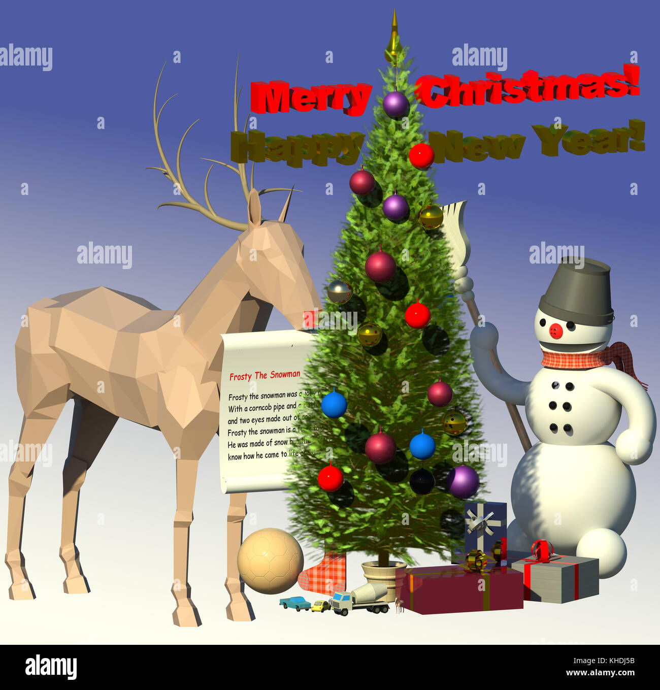 Weihnachten, Neujahr 3d-Abbildung auf Steigung und blauer Himmel. Rudolph mit der roten Nase Rotwild, Frosty der Schneemann, Weihnachtsbaum. Sammlung. Stockfoto