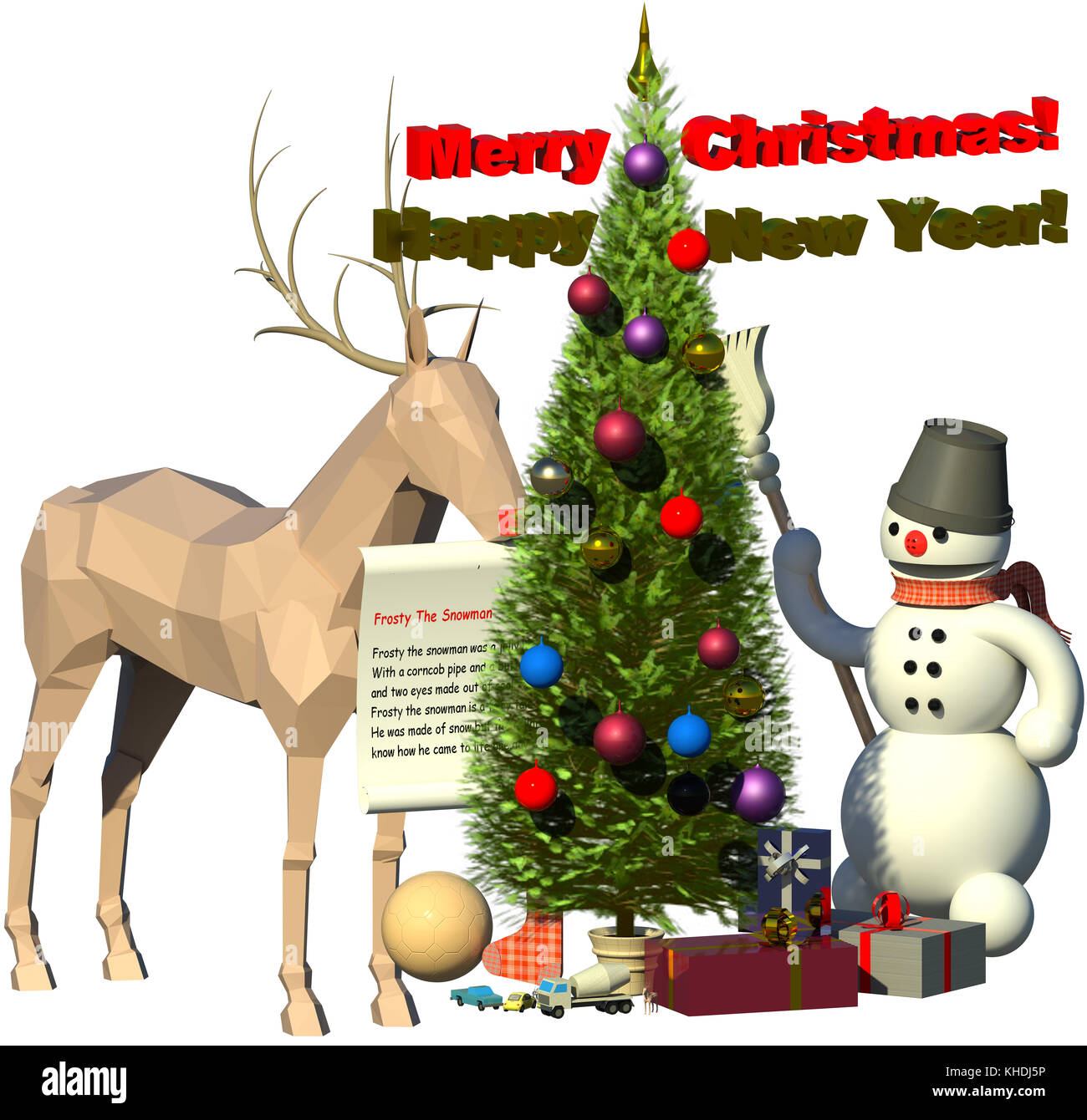 Weihnachten, Neujahr 3D-Illustration isoliert auf Weiss. Rudolph mit der roten Nase Rotwild, Frosty der Schneemann, Weihnachtsbaum, Dekoration, Spielzeug. Sammlung. Stockfoto