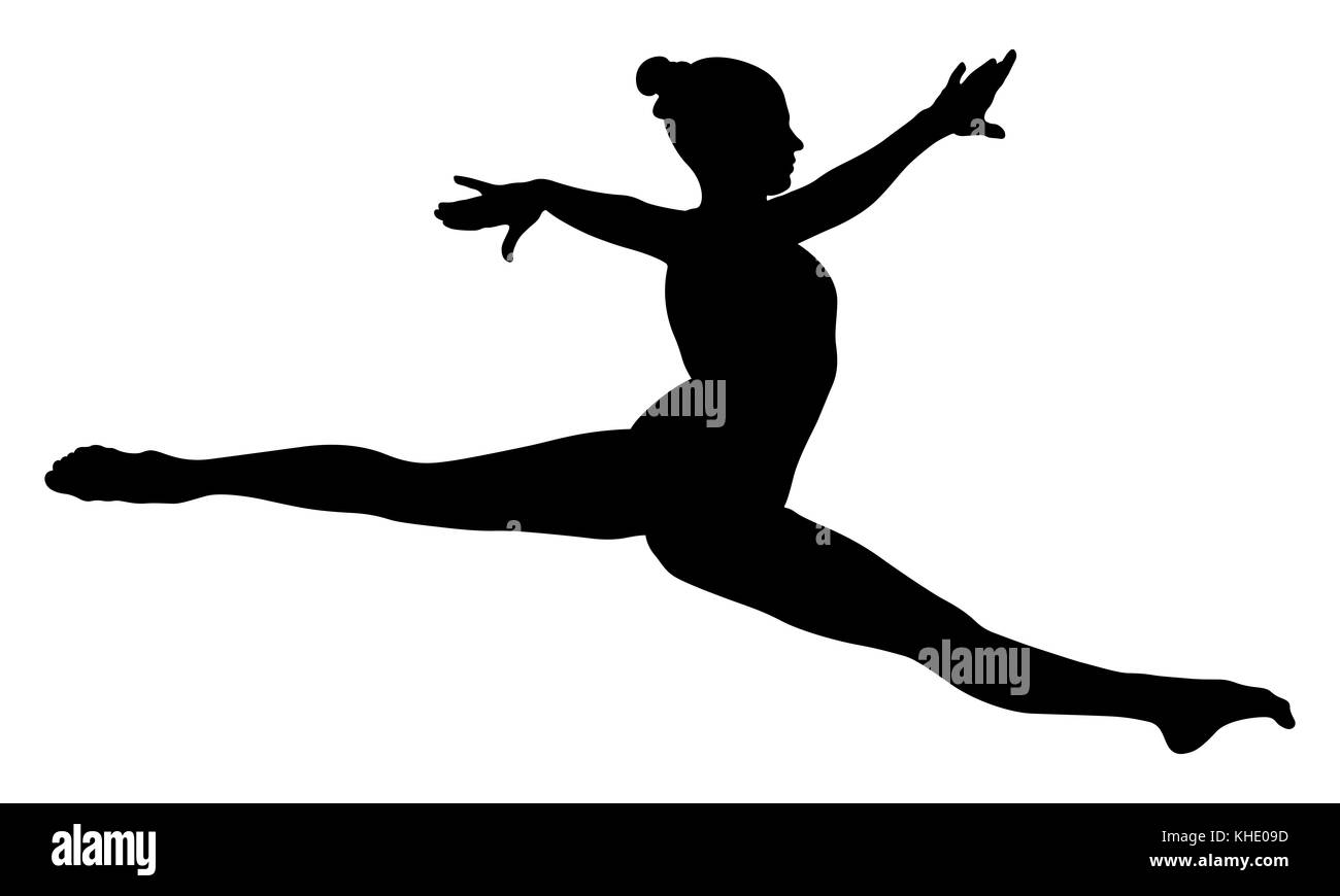 Split springen Mädchen Gymnast in Wettbewerb Gymnastik schwarze Silhouette Stockfoto