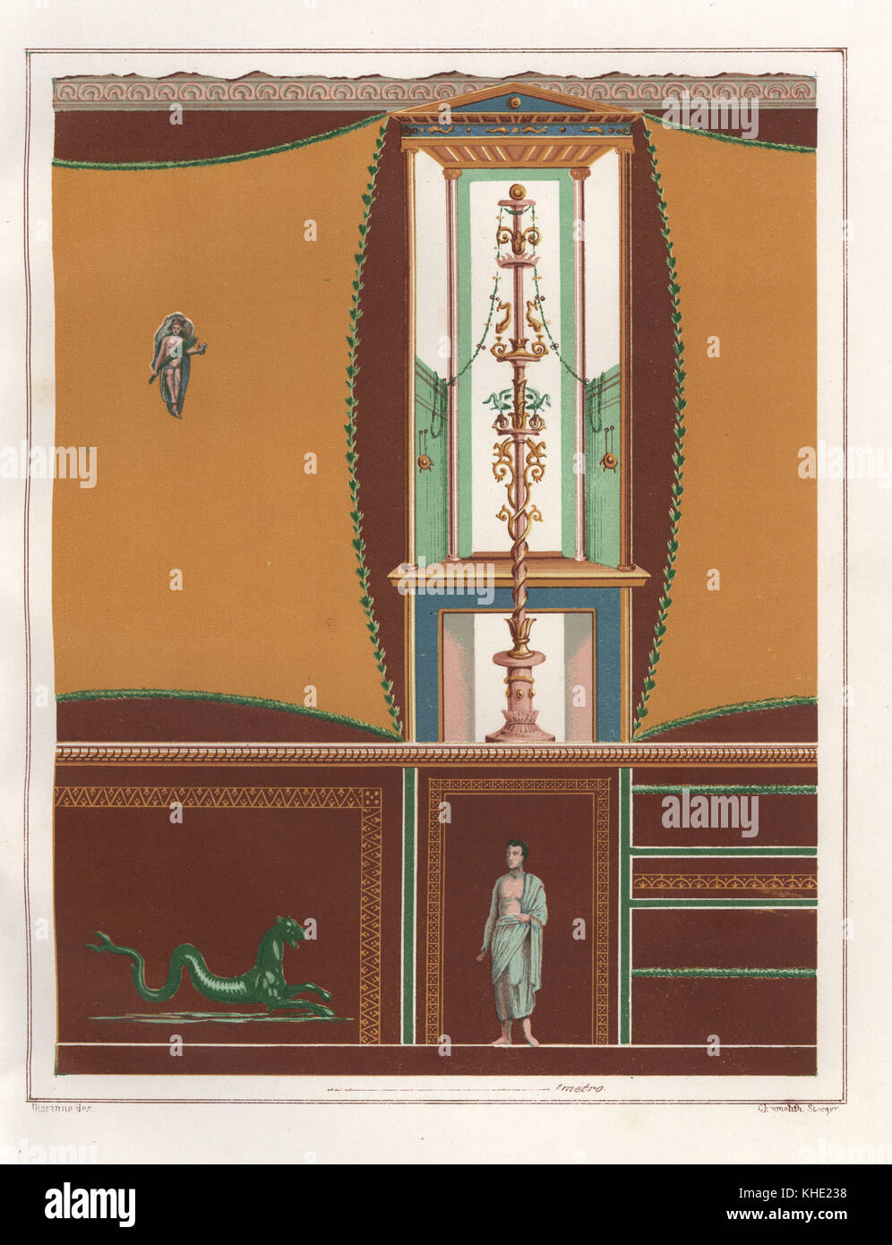 Wandmalerei mit gerahmten Platten aus einem ostiums (schmalen Korridor) im Casa dell'Orso Ferito oder Haus des Bären, Reg. VII, isoliertes II, Nr. 45. Chromolithograph von Victor Steeger nach einer Illustration von geremia Discanno von Emile Presuhn's Les Plus Belles Peintures de Pompei (Die schönsten Gemälde von Pompeji), Leipzig, 1881. Stockfoto