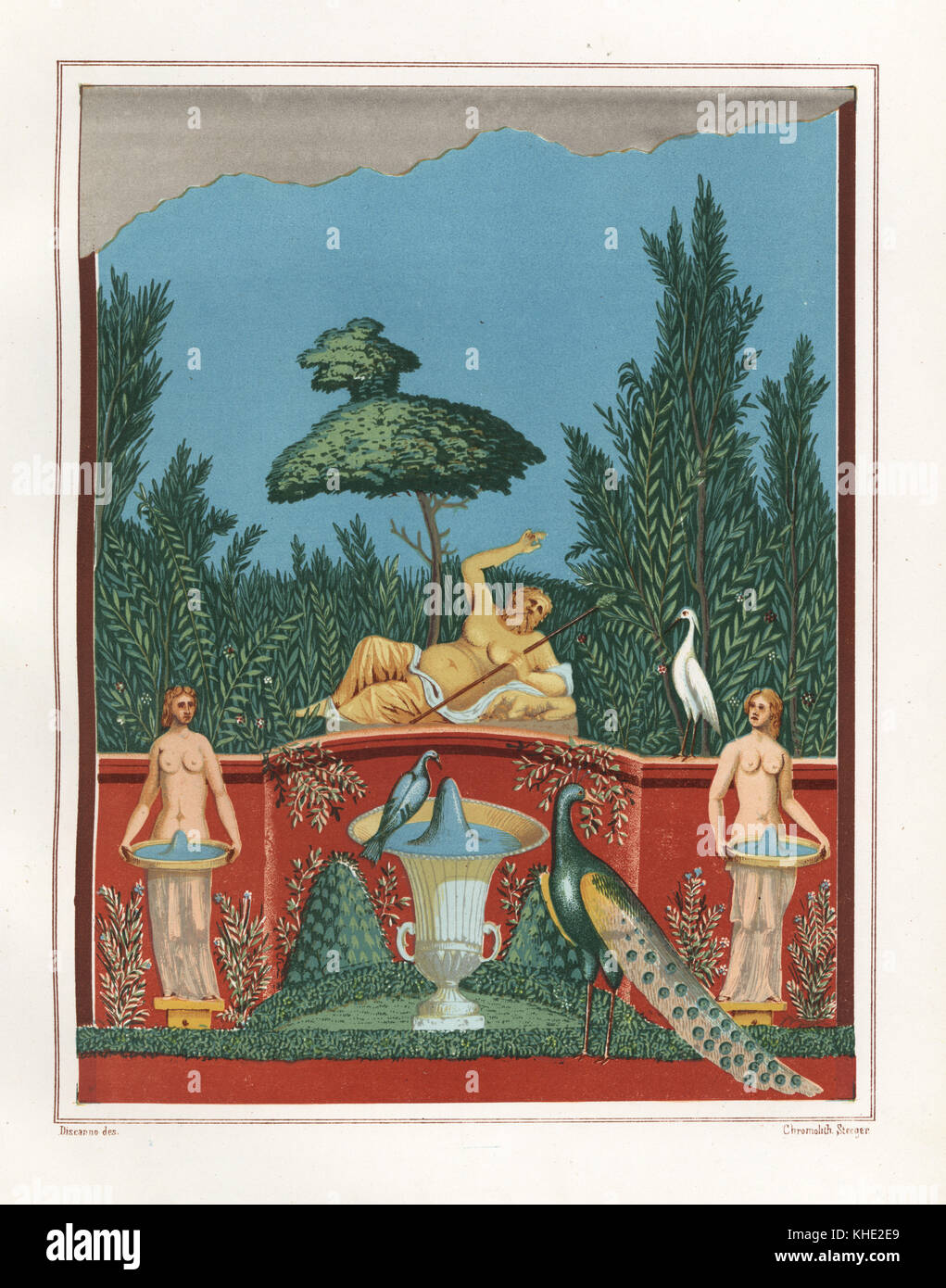 Wandmalerei von Bacchus mit Pfauen und Brunnen aus einem Garten Wand im Haus von Romulus und Remus, VII.VII.10. Chromolithograph von Victor Steeger nach einer Illustration von geremia Discanno von Emile Presuhn's Les Plus Belles Peintures de Pompei (Die schönsten Gemälde von Pompeji), Leipzig, 1881. Stockfoto