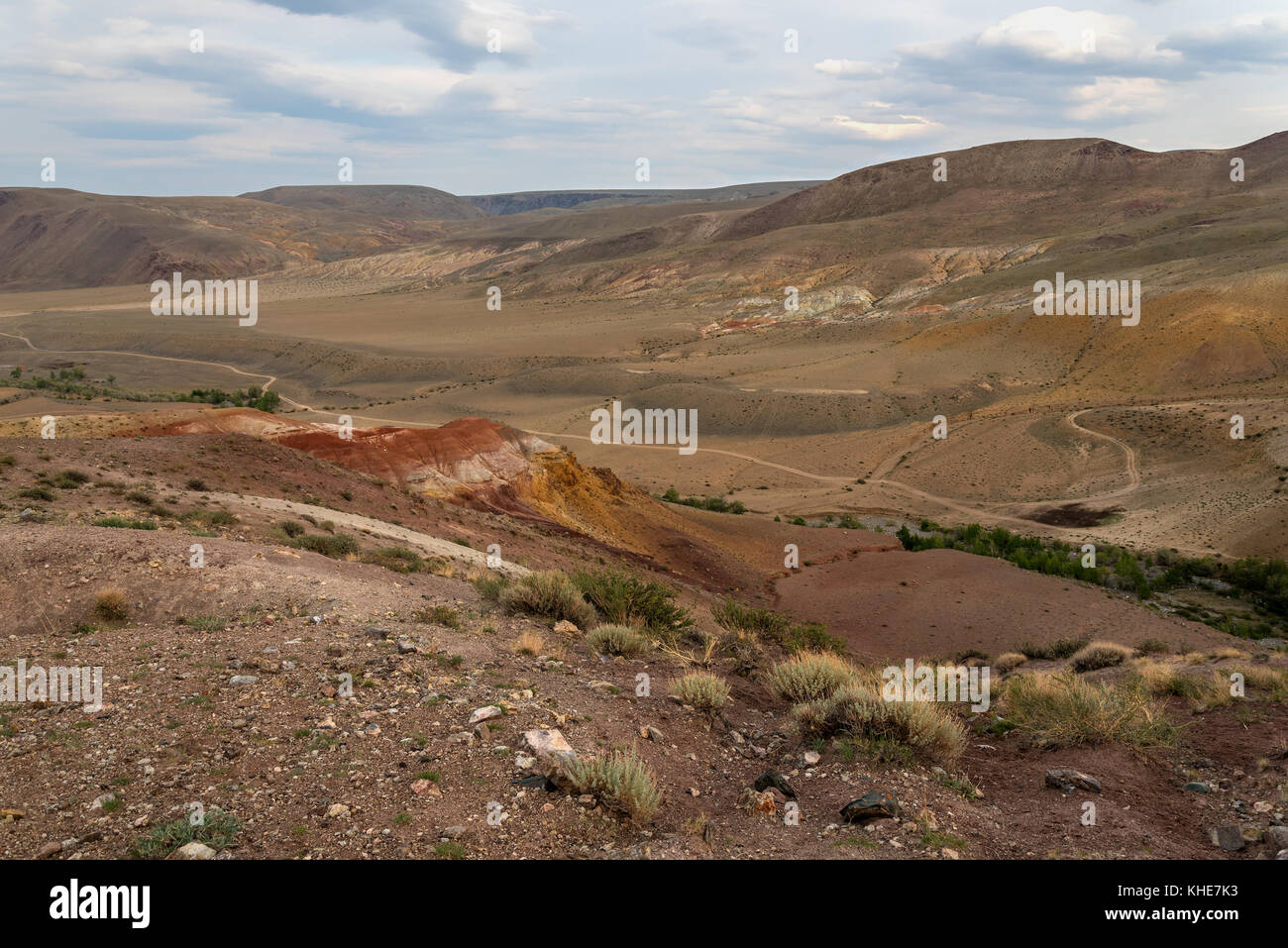 Malerische Aussicht auf eine Wüste Landschaft mit bunten Berge, Risse im Boden und spärliche Vegetation auf dem Hintergrund der bewölkten Himmel Stockfoto