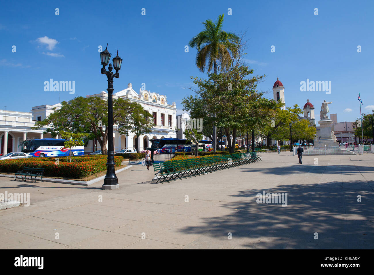 Cienfuegos, Kuba - 28. Januar 2017: Jose Marti Park, die wichtigsten Platz von Cienfuegos (UNESCO Weltkulturerbe), Kuba. Cienfuegos, Hauptstadt von Cienfuegos Stockfoto