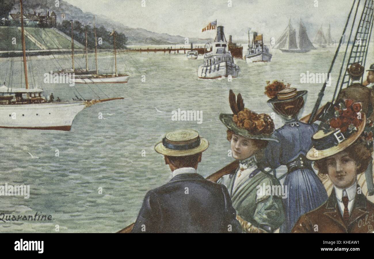 Von Künstlern gezeichnete Postkarte, die ein Volk auf Schiffsdeck und Boote auf dem Wasser in der Quarantine Station, Staten Island, New York, 1909 zeigt. Aus der New York Public Library. Stockfoto