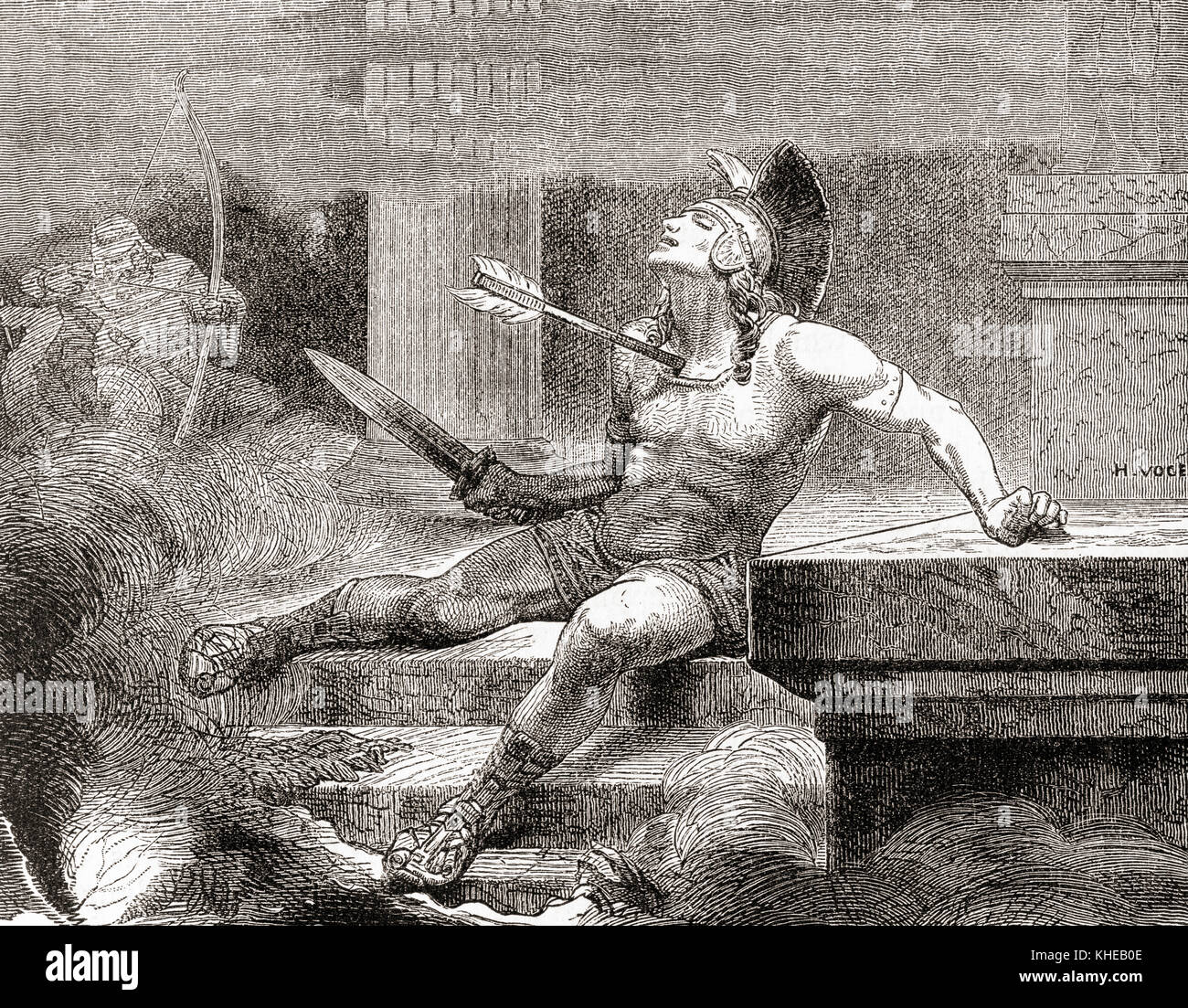 Der Tod von Alcibiades durch Lysander und die Spartaner. Alcibiades, Sohn von Cleinias, um 450–404 v. Chr. Prominenter Athener Staatsmann, Redner und General. Aus Ward and Lock's Illustrated History of the World, veröffentlicht um 1882. Stockfoto