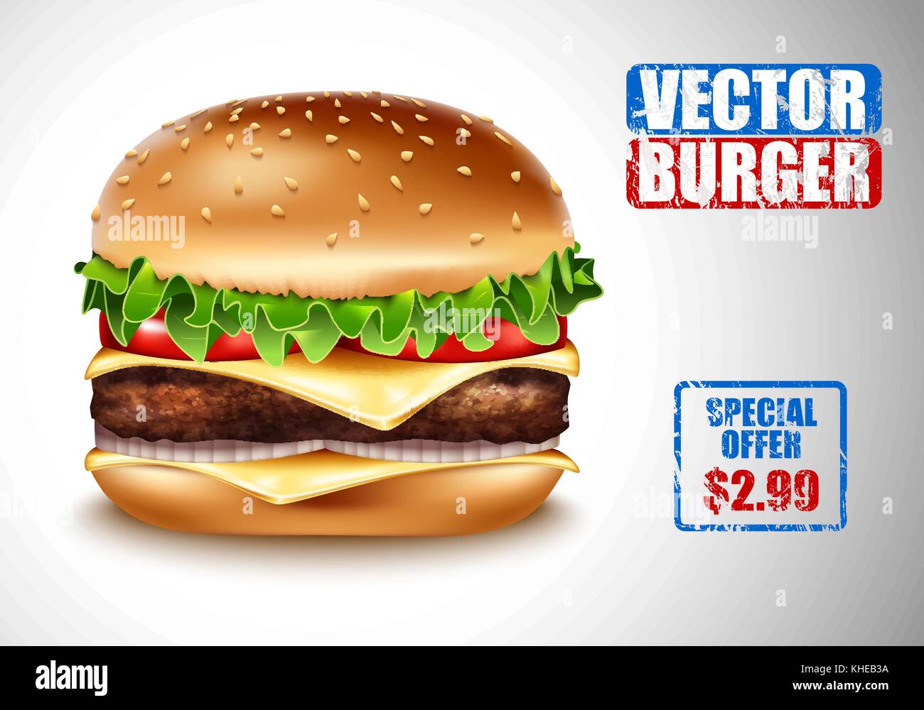 Vektor realistische Hamburger. Classic Burger american Cheeseburger mit Salat Tomate Zwiebel Käse Rindfleisch auf weißem Hintergrund. Fast food Menü Preis Stock Vektor