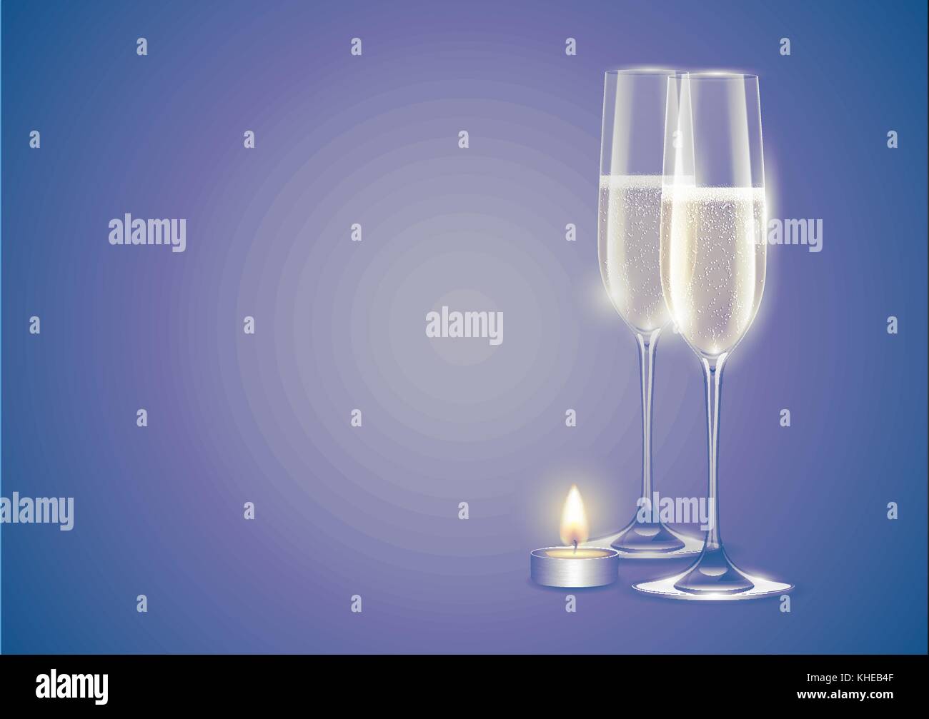 Champagner zwei Flöten oder Gläser weiß Sekt und Weihnachten Kerze. winter Urlaub Karte auf blass Lila retro Hintergrund. Weiches Licht Stock Vektor