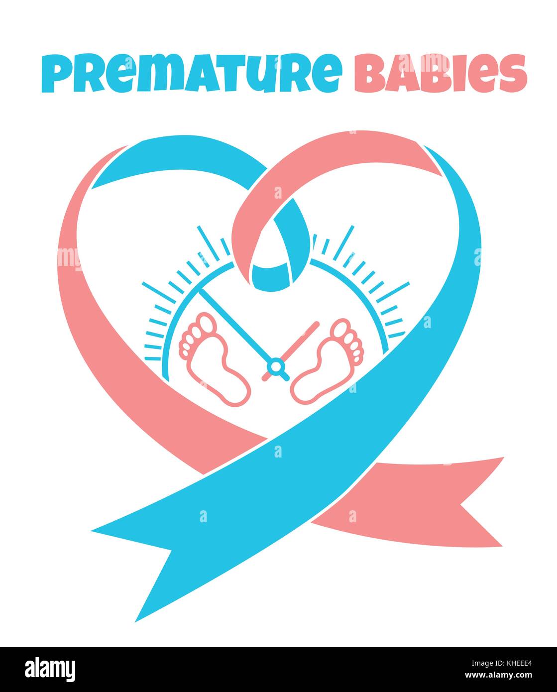 Banner der Geburten eines Neugeborenen frühgeborenes Baby in Form einer rosa Blue Ribbon und kleine Ausdrucke des Neugeborenen Scheide und eine stilisierte Inschrift des Stock Vektor