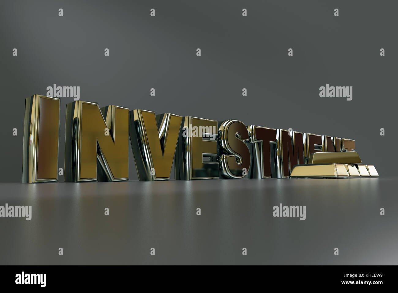 3D-Rendering von golden Investitionen Wort mit ein paar Goldbarren nebeneinander liegend - über grauer Hintergrund Stockfoto