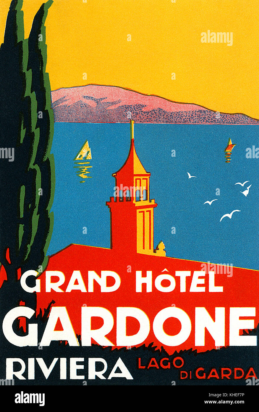 Vintage Gepäckanhänger für das Grand Hotel Gardone. Das Hotel wurde 1884 erbaut und ist auch heute noch unter diesem Namen am Ufer des Gardasees. Stockfoto