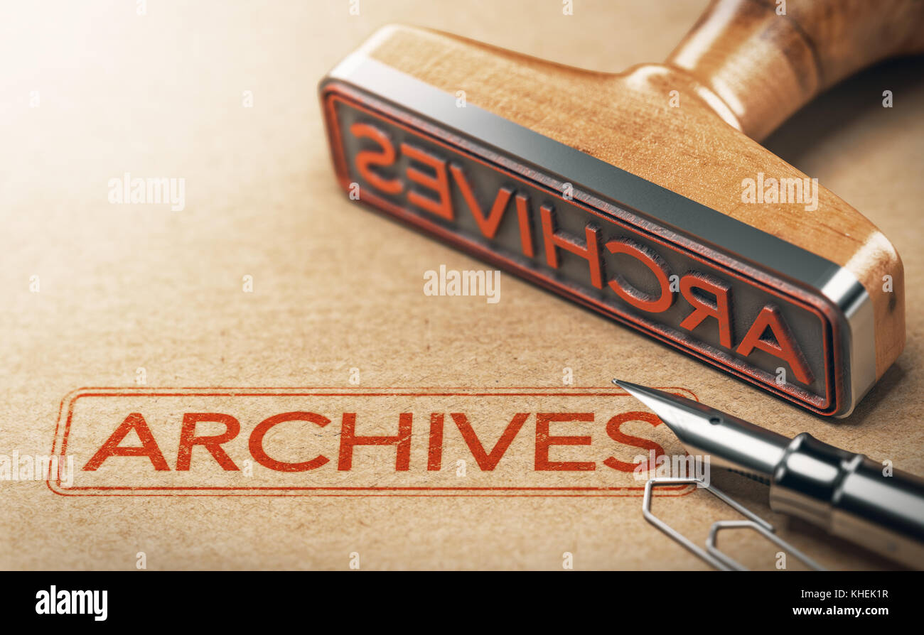 3D-Darstellung der Stempel mit dem Text Archive auf Papier Hintergrund gedruckt. Konzept der historischen Aufzeichnungen Stockfoto