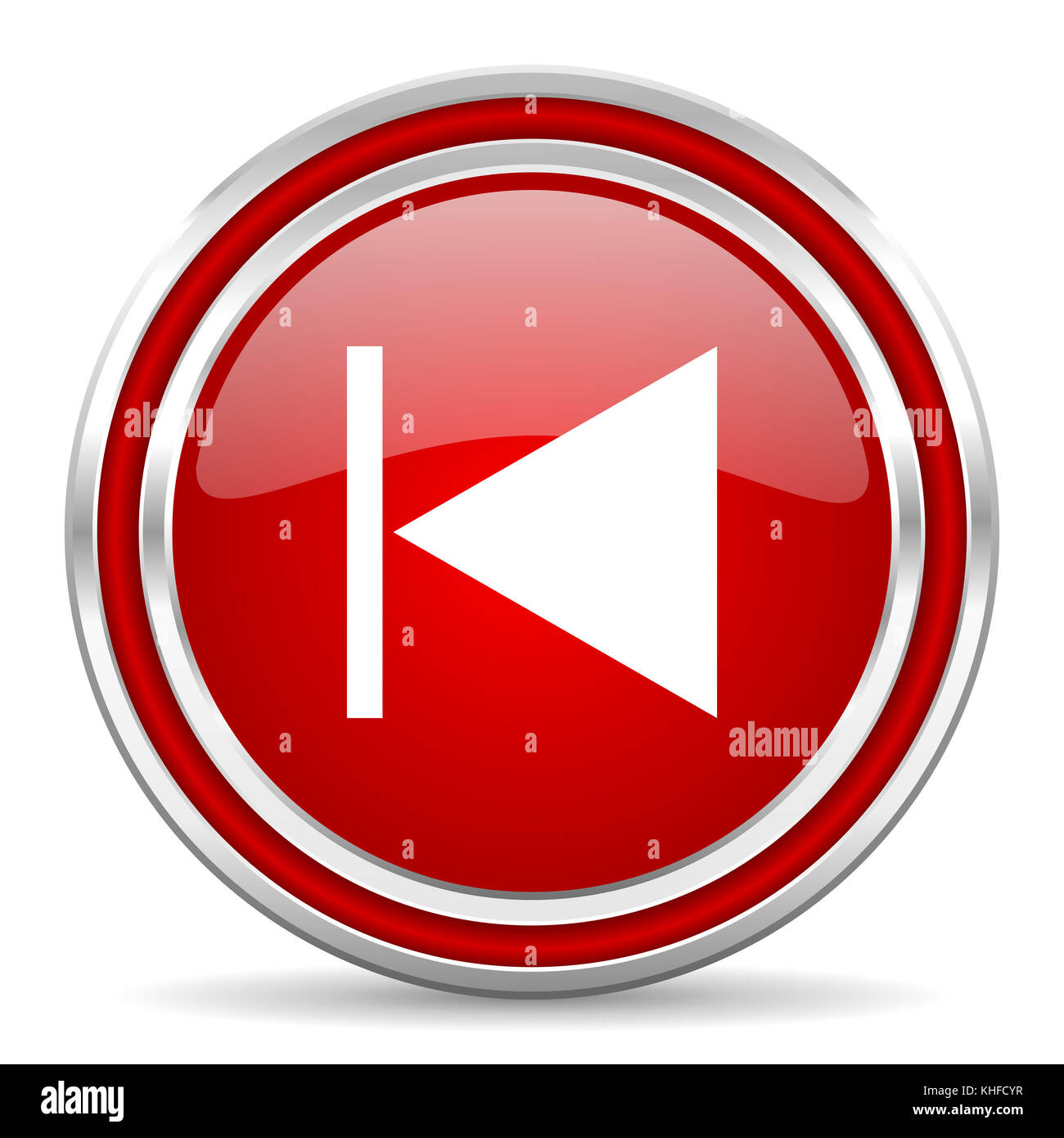 Zurück Web- und Mobiltelefonsymbol mit rotem silbernem Metallic-Chrom auf weißem Hintergrund mit Schatten Stockfoto