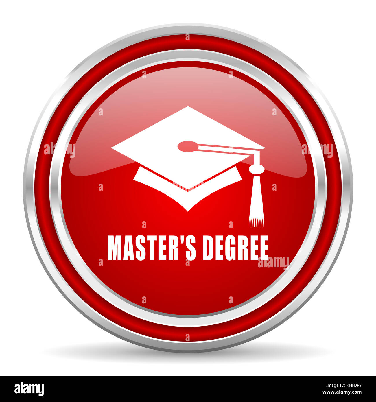 Masters Degree Rot Silber Metallic Chrom Rand Web und Handy Symbol auf weißem Hintergrund mit Schatten Stockfoto