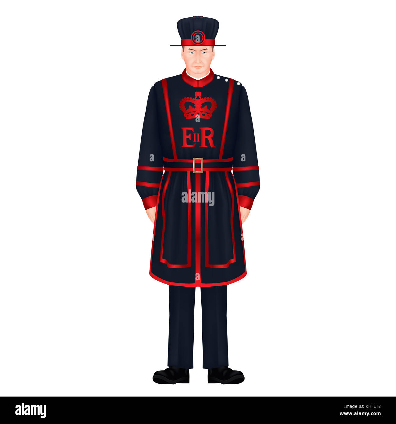 Beefeater Soldat - Yeoman Warder - Royal Guard - London Charakter - Symbole - sehr detaillierte, realistische, isolierte Abbildung: Weißer Hintergrund Stockfoto