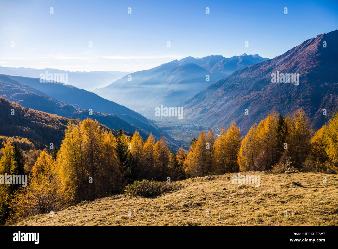Blick auf das Tal von Tirano und Sondrio im Valtellina, Italien Stockfoto