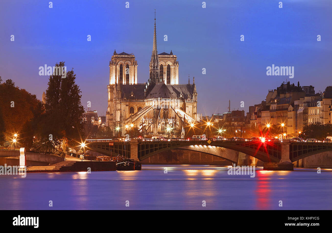 Die Kathedrale Notre Dame bei Nacht, Paris, Frankreich. Stockfoto