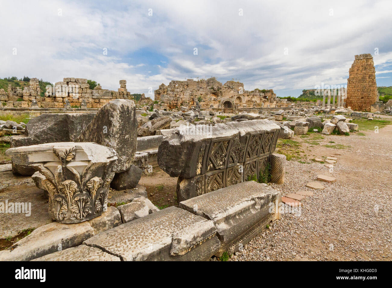 Die Ruinen der antiken Stätte Perge in Antalya, Türkei. Stockfoto
