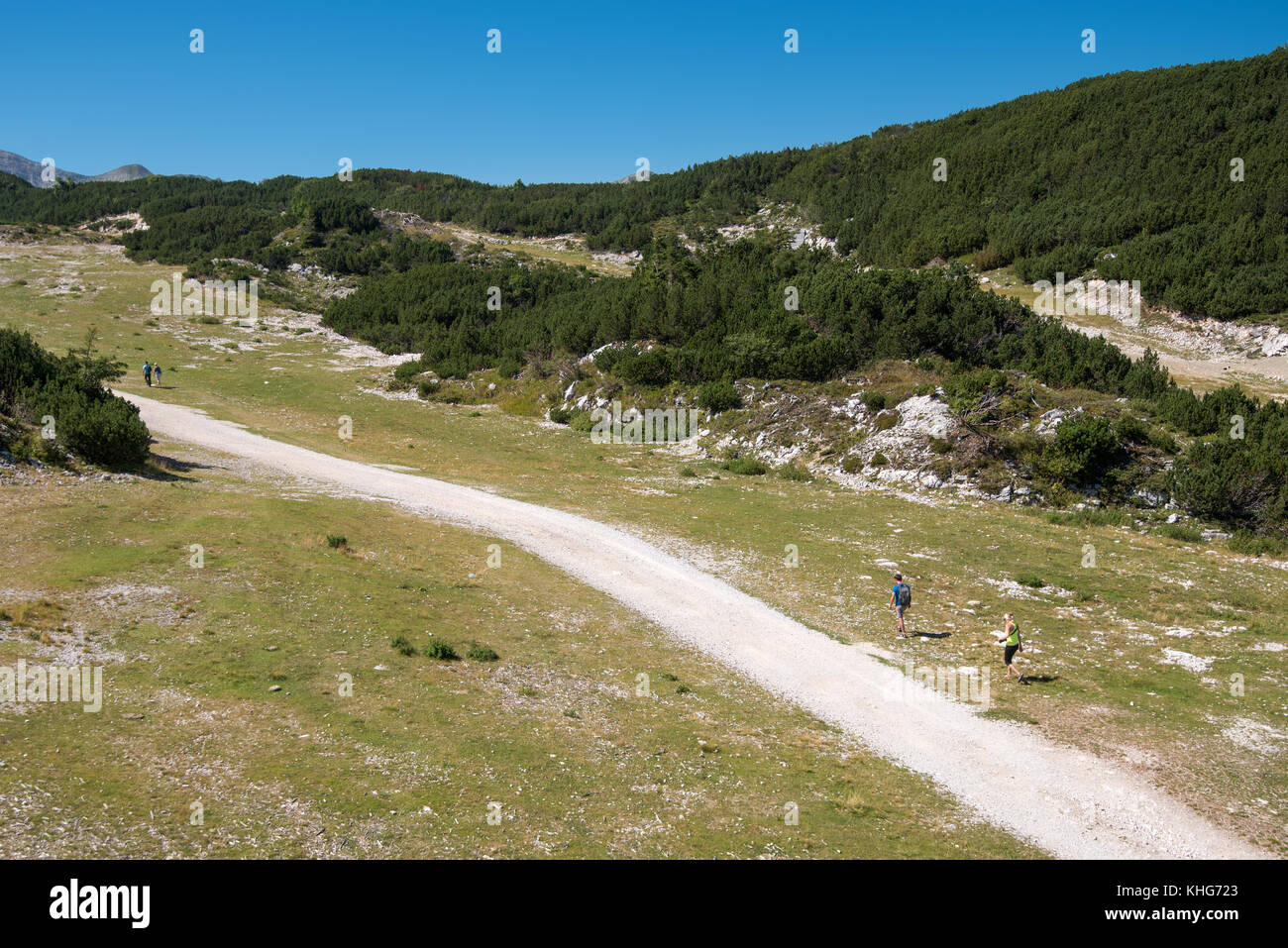 Vogel Berg, Slowenien - 30. August 2017: Luftaufnahme von Nicht identifizierbare Gruppe von bergwanderer Spaziergang entlang der Wanderweg in beliebtes Reiseziel Stockfoto