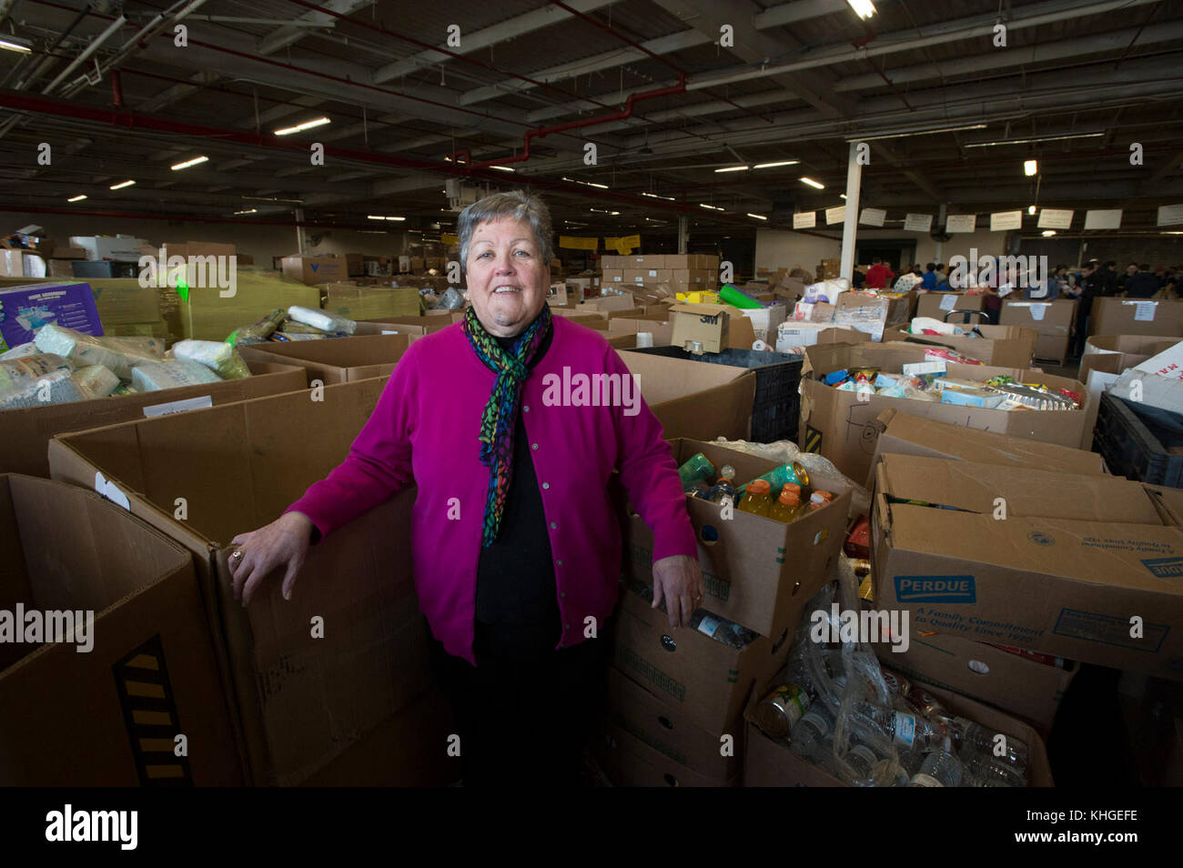 Cathy McCann, Operating Officer der Community Foodbank of New Jersey, spricht am 20. Januar 2016 in Hillside, New Jersey, über den täglichen und Katastrophenschutz. Das U.S. Department of Agriculture (USDA) Food and Nutrition Service (FNS) hat sich mit der Community Foodbank of New Jersey, dem New Jersey Department of Agriculture und Emergency Support Function #11 Partnern zusammengetan, um auf die katastrophalen Ernährungsbedürfnisse derjenigen zu reagieren, die am stärksten vom Hurrikan Sandy betroffen sind. Foodbank verpackte und lieferte USDA-Lebensmittel im Rahmen eines Katastrophenhaushaltsvertriebsprogramms an Gemeinden in ne Stockfoto