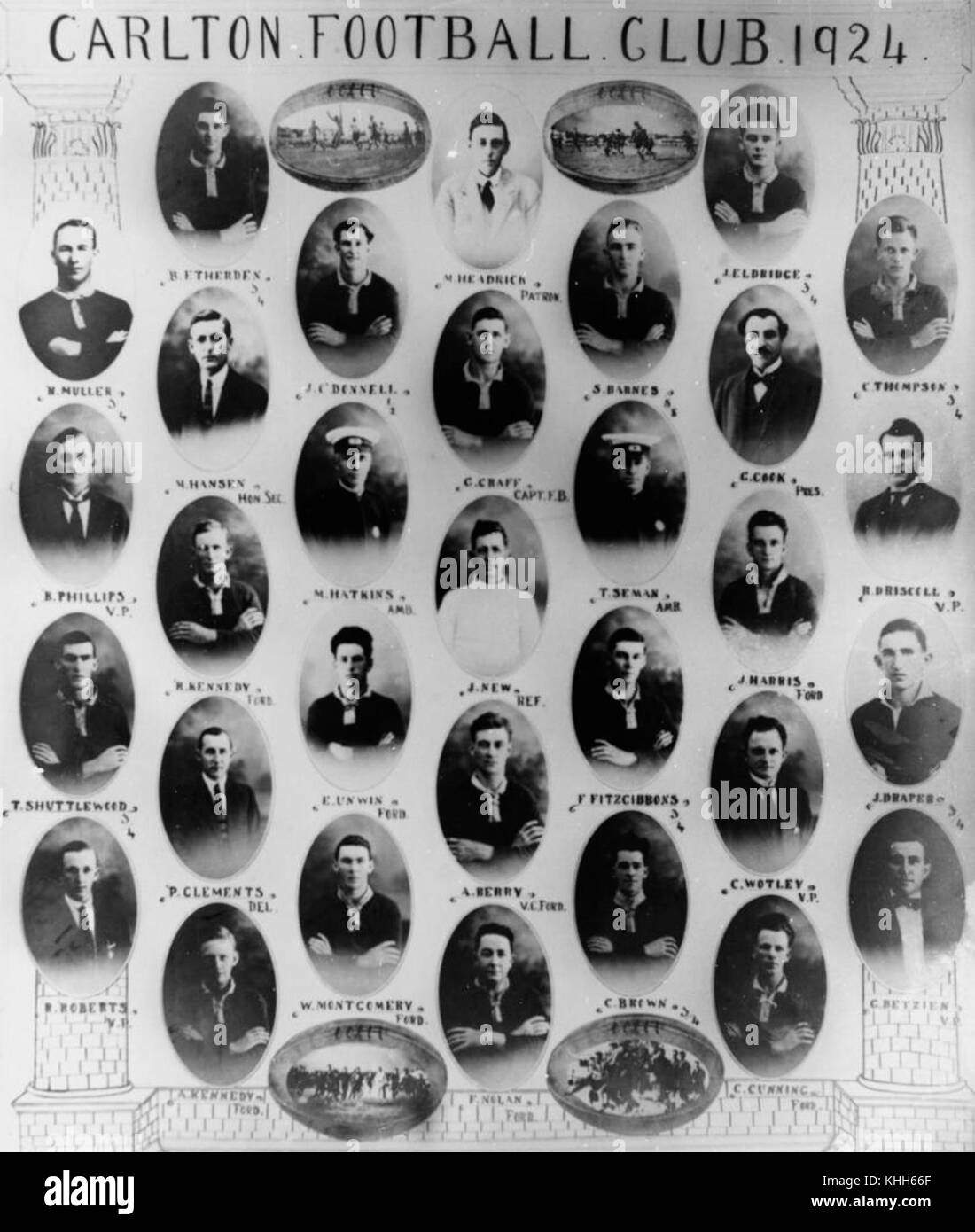 Ein Foto von Rugbyspielern aus dem Carlton Football Club in Rockhampton, aufgenommen 1924. Dieses Bild bietet einen Einblick in die frühe Geschichte des australischen Rugby und die Rolle des Teams bei der Entwicklung des Sports. Stockfoto
