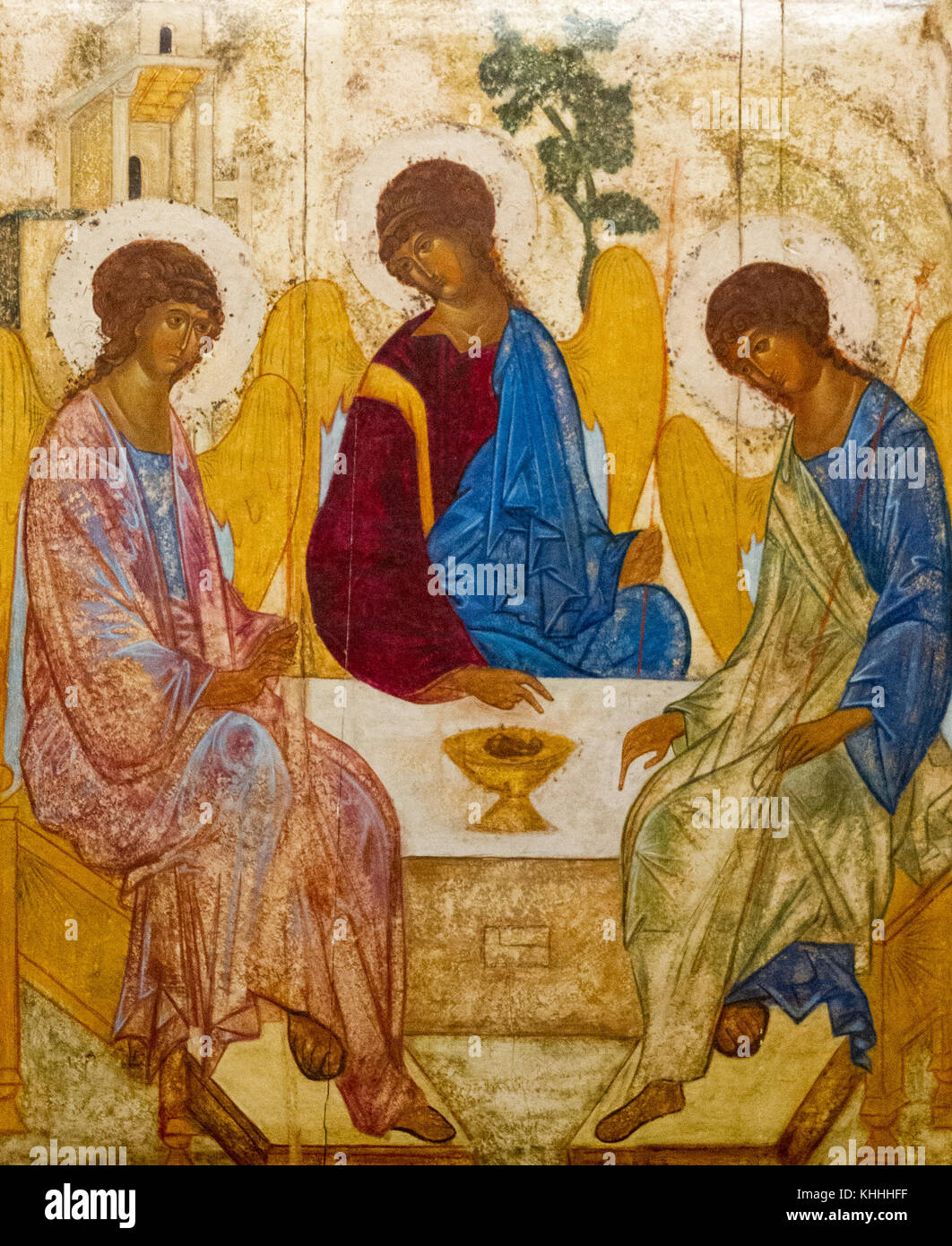 Die Ikone der Heiligen Dreifaltigkeit (auch Gastfreundschaft Abrahams genannt) nach dem von Andrei Rublev im 15. Jahrhundert gemalten Santo Vittore Martyre Stockfoto