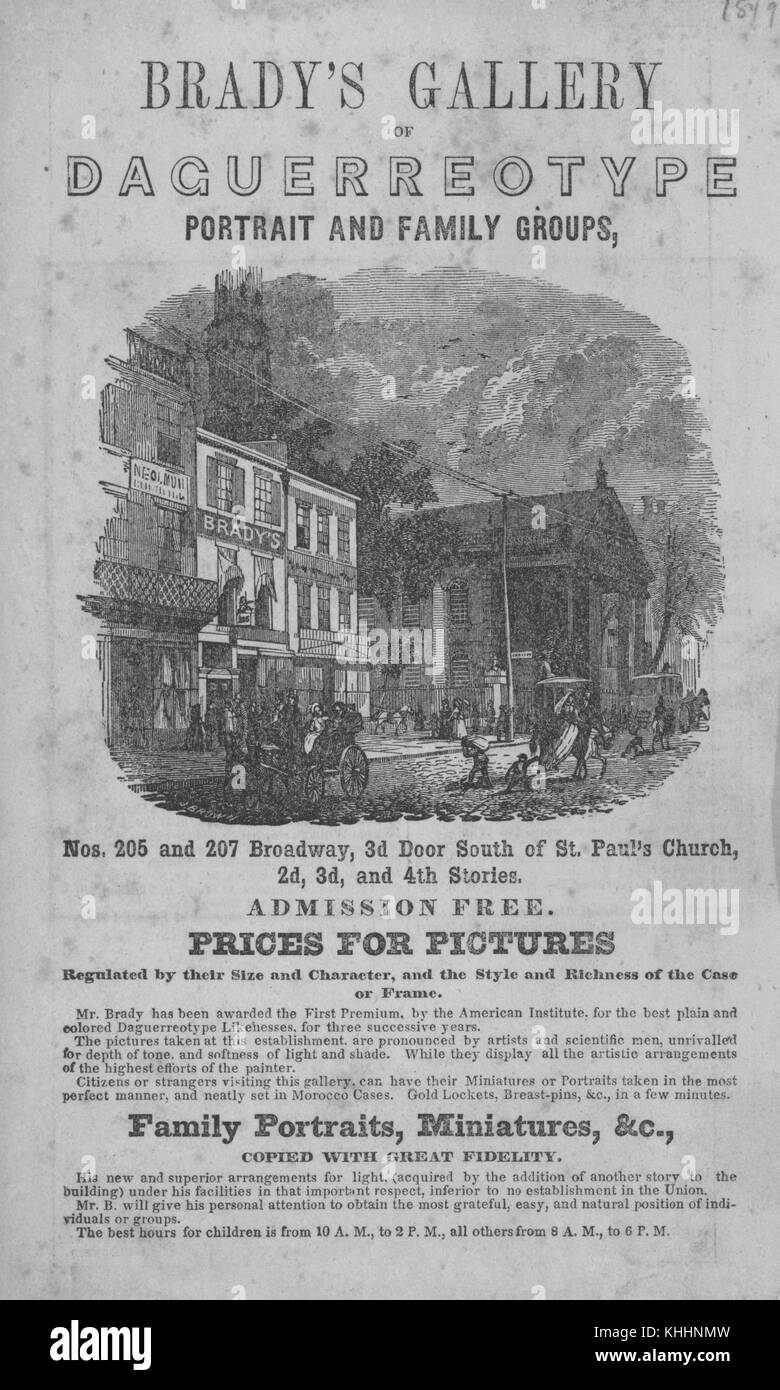Holzstich, Werbung für Brady's Gallery of Daguerreotype, Portrait and Family Groups, 1849. Aus der New York Public Library. Stockfoto