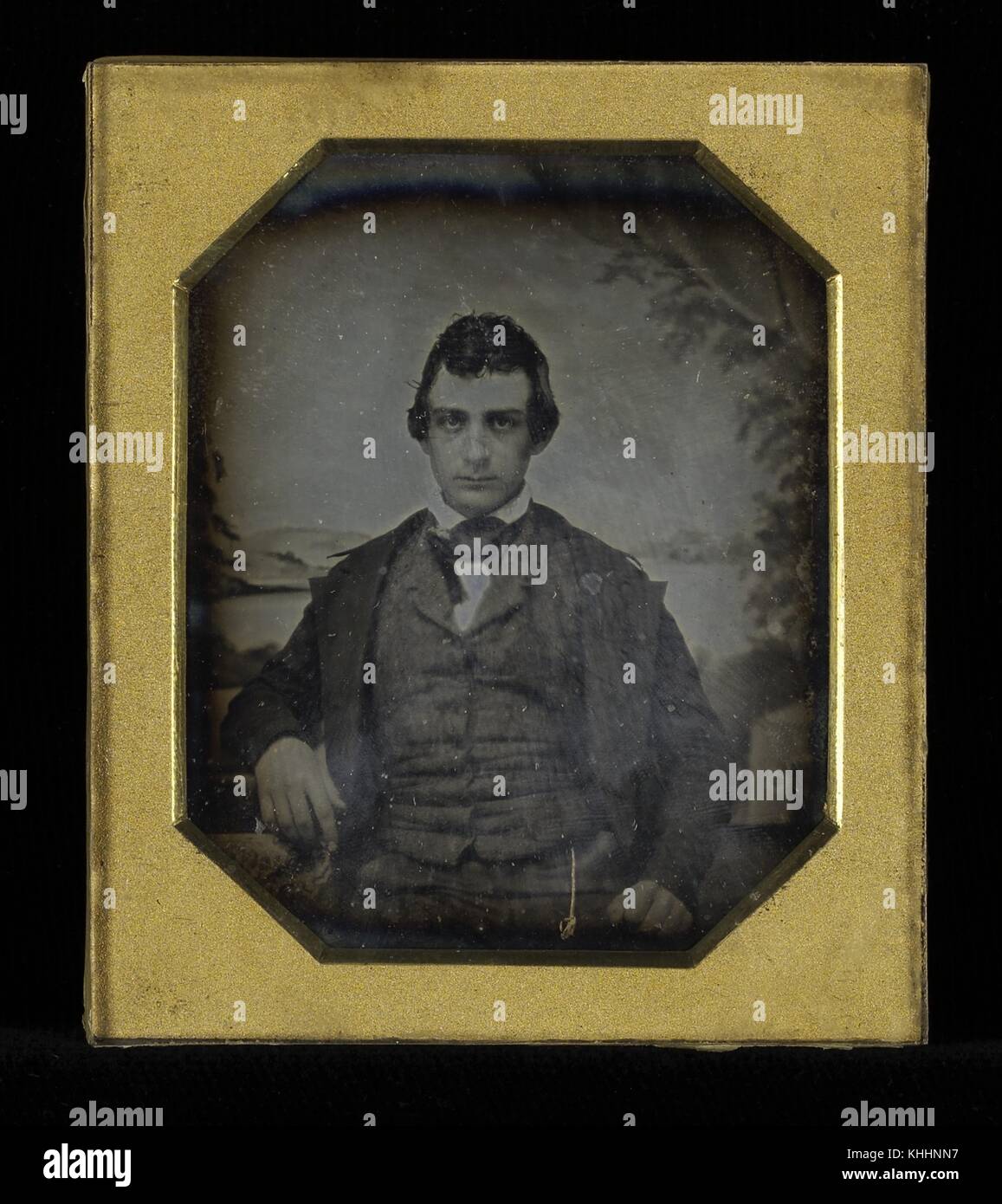 Gerahmte octagon daguerreotypie von Edwin Booth, berühmte Schauspieler aus dem 19. Jahrhundert, der Bruder von John Wilkes Booth, der Mann, der Präsident Abraham Lincoln ermordet, 1890. Von der New York Public Library. Stockfoto