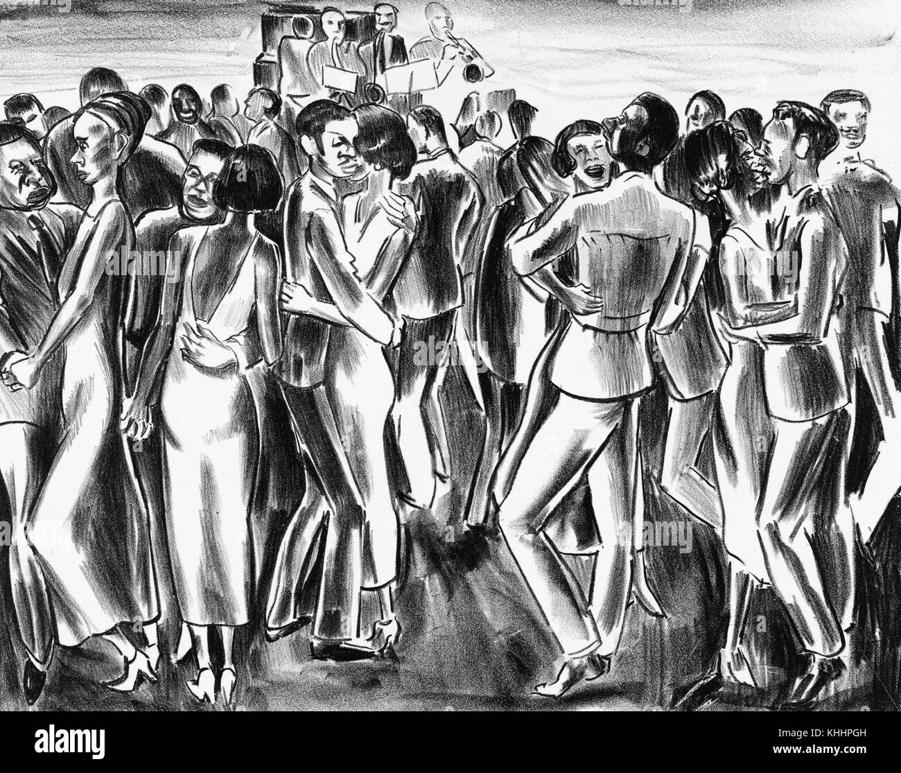 Holzkohleskizze von afroamerikanischen Tänzern, die einer Jazzband im Savoy Ballroom, Harlem, New York, 1939 lauschen. Aus der New York Public Library. Stockfoto