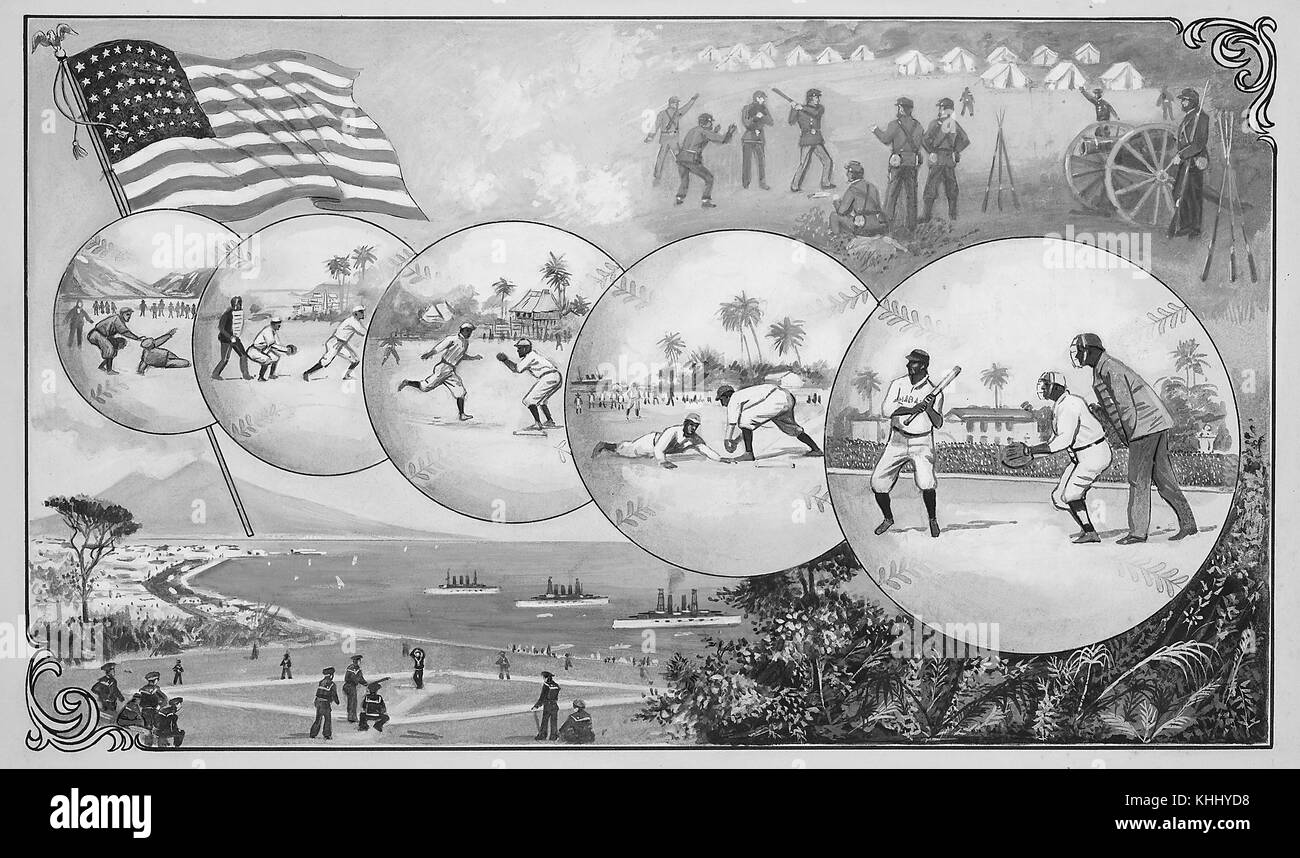 Eine Illustration, die zeigt, dass Baseballspiele an verschiedenen Orten gespielt werden, fünf Bilder, die durch die Mitte der Illustration laufen, zeigen schwarze Baseballspieler in verschiedenen tropischen Umgebungen, das obere Bild zeigt Soldaten, die Baseball in einem Militärlager spielen, Das untere Bild zeigt einen Baseballdiamanten, der von Matrosen an einem Strand aufgestellt wurde, während große Schiffe im Wasser schweben und ein Vulkan im Hintergrund raucht. Oben links im Bild fliegt eine große amerikanische Flagge, 1900. Aus der New York Public Library. Stockfoto