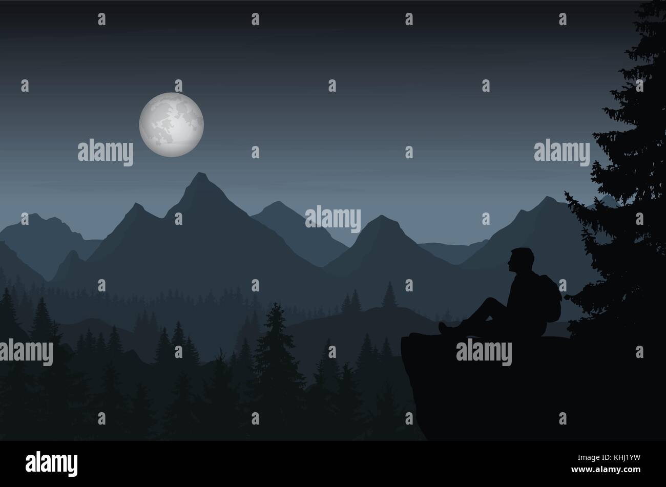Vector Illustration der Berglandschaft mit Wald und Mensch sitzen unter Nacht blau-grauen Himmel mit Mond in voller Mond und Wolken Stock Vektor