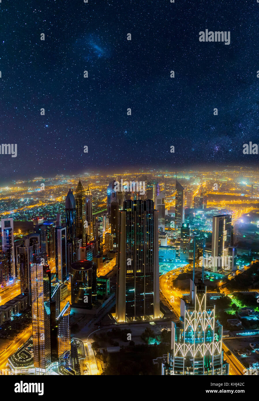 Dubai nacht Luftbild Stadtbild Stockfoto