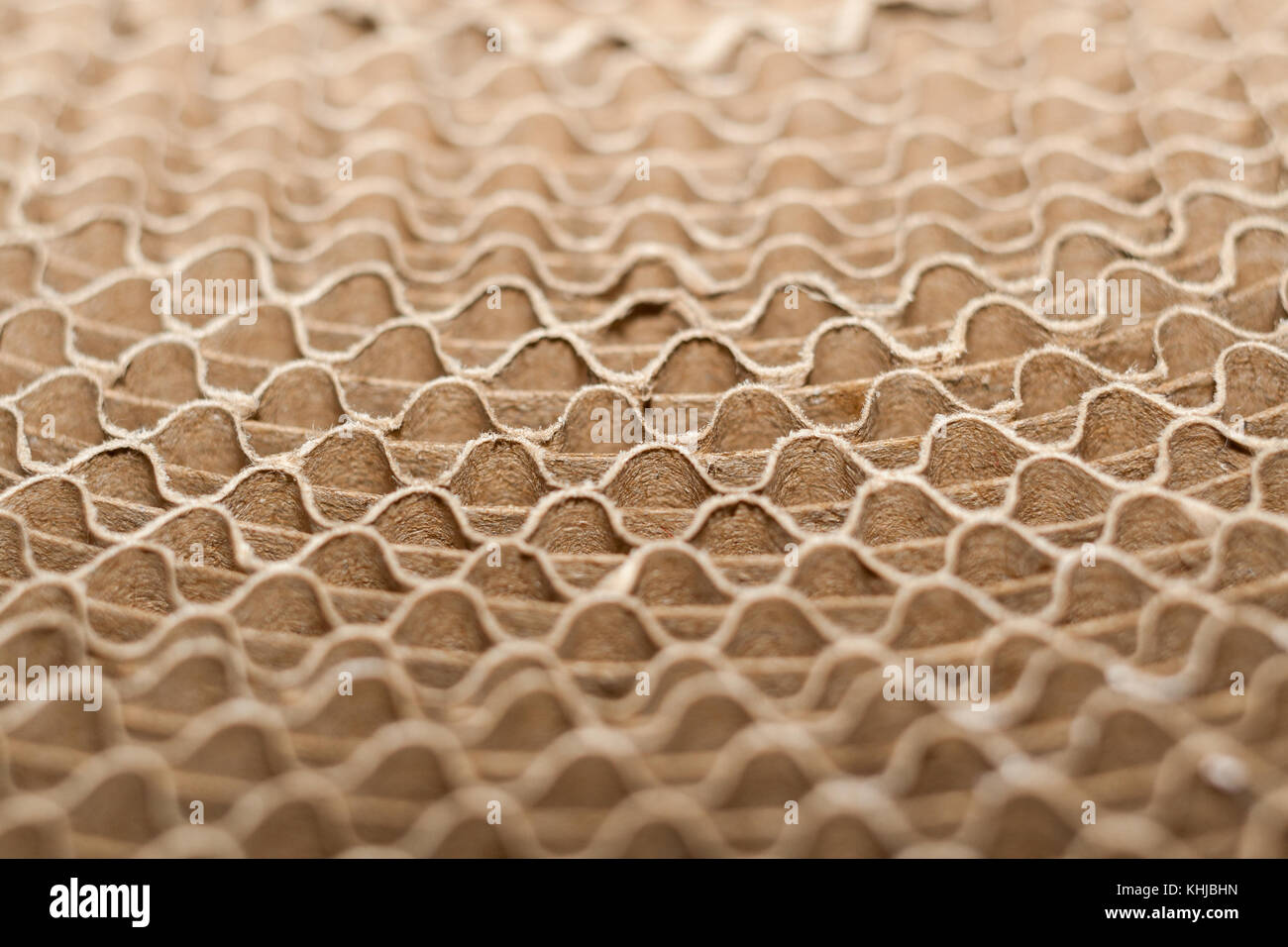 Wellige Kanten der gefalteten Schichten von runden Spule von Wellpappe. Stockfoto
