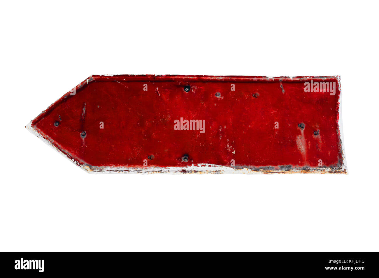 Rot leer rostig und grunge metal Eisenplatte Pfeil mit Peeling Beschichtung und Kratzer Textur, mit Platz für Text auf weißem Hintergrund. Stockfoto