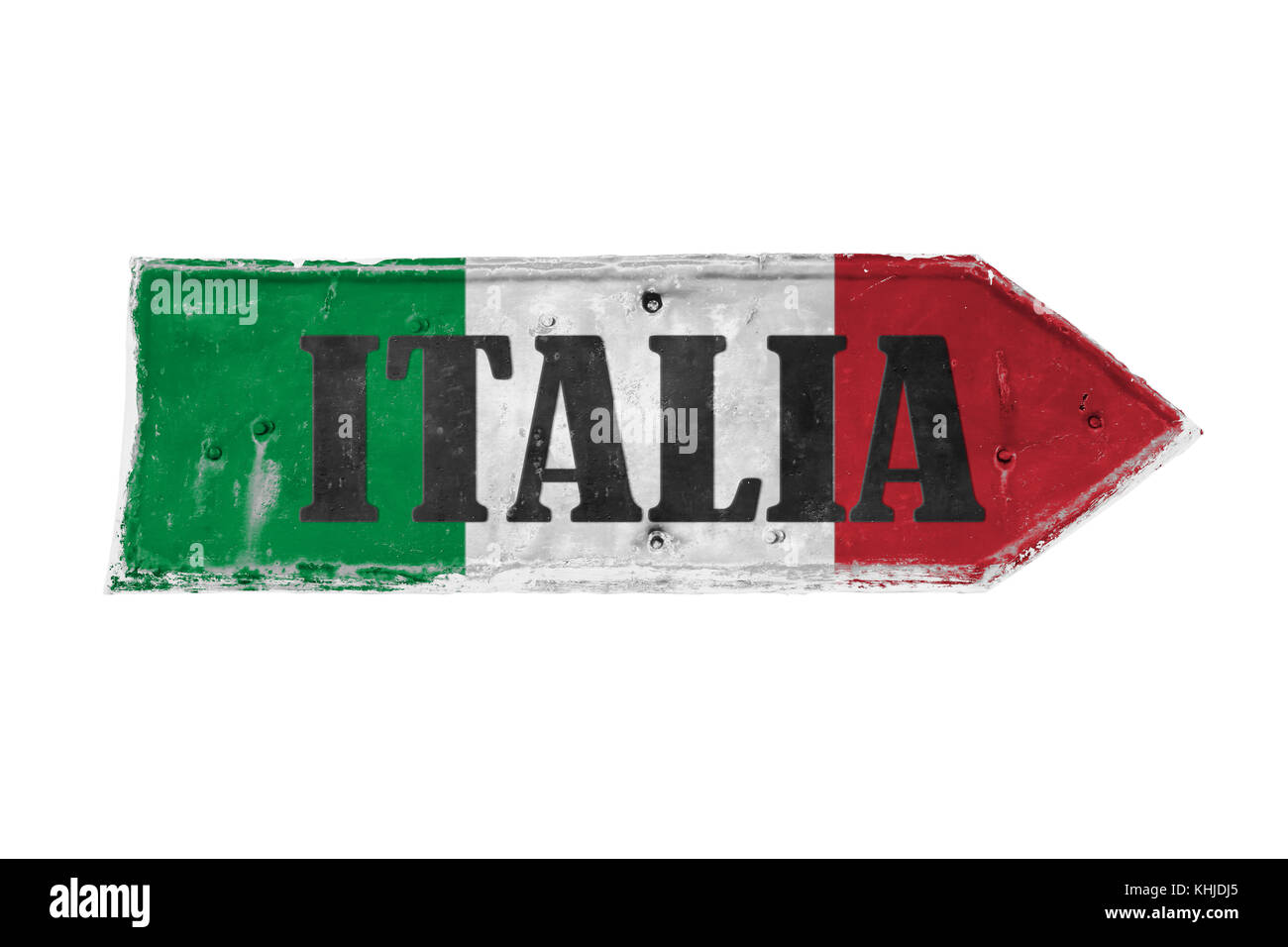 Italia (Italien in Italienisch) mit den Farben Grün, Weiß und Rot über Pfeil Form aus einer rostigen und grunge metal Eisenplatte mit Peeling beschichtet und Stockfoto