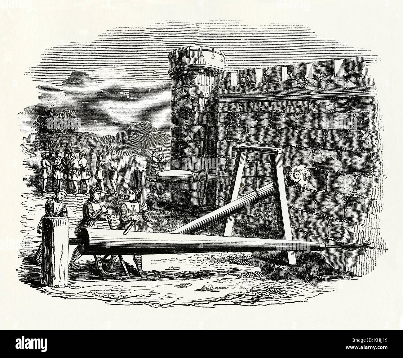 Ein alter Gravur, der die Schlachtszene aus dem Mittelalter darstellt - er zeigt Maschinen oder Geräte, die beim Angriff auf die Burgmauern verwendet wurden - hier schlagen Widder. Das Gerät im Vordergrund dient zum Durchstechen und Bohren von Löchern in der Wand. Der hölzerne Rammbock ist auf einem Drehpunkt und hat einen Rammkopf. Stockfoto