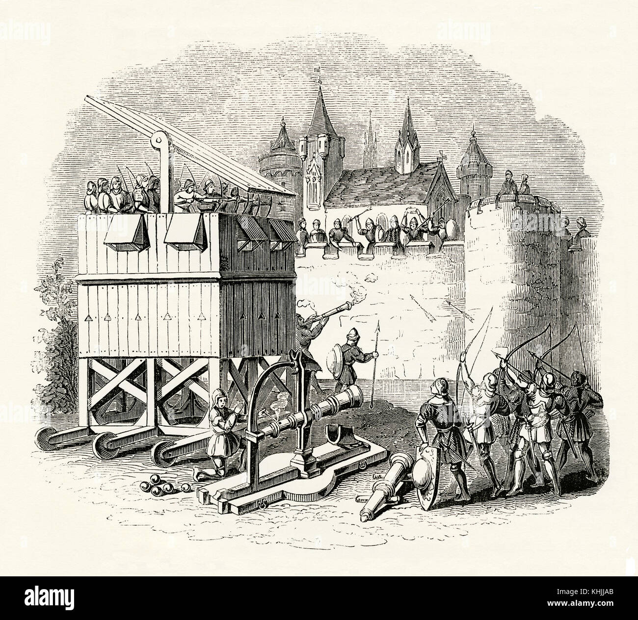 Ein alter Gravur, der die Schlachtszene aus dem Mittelalter darstellt - er zeigt Maschinen oder Geräte, die beim Angriff auf die Burgmauern verwendet wurden. Hier ist ein beweglicher Holzturm auf Rädern mit Bogenschützen auf der Spitze des Turms abgebildet. An der Basis befinden sich Bogenschützen mit Langbögen und eine große Kanone. Stockfoto