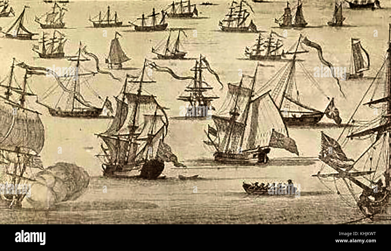 BOSTON HARBOR 1725 - eine Zeichnung von der Art der Segelschiffe es damals gefunden Stockfoto
