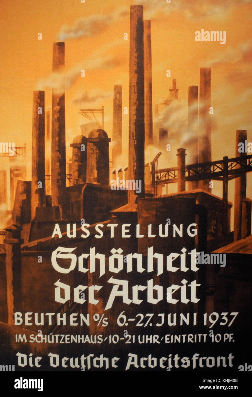 Die Geschichte des Nationalsozialismus Nazi Propaganda Poster der Ausstellung Schönheit der Arbeit im Jahr 1937 organisierten in Bytom, Polen. Stockfoto