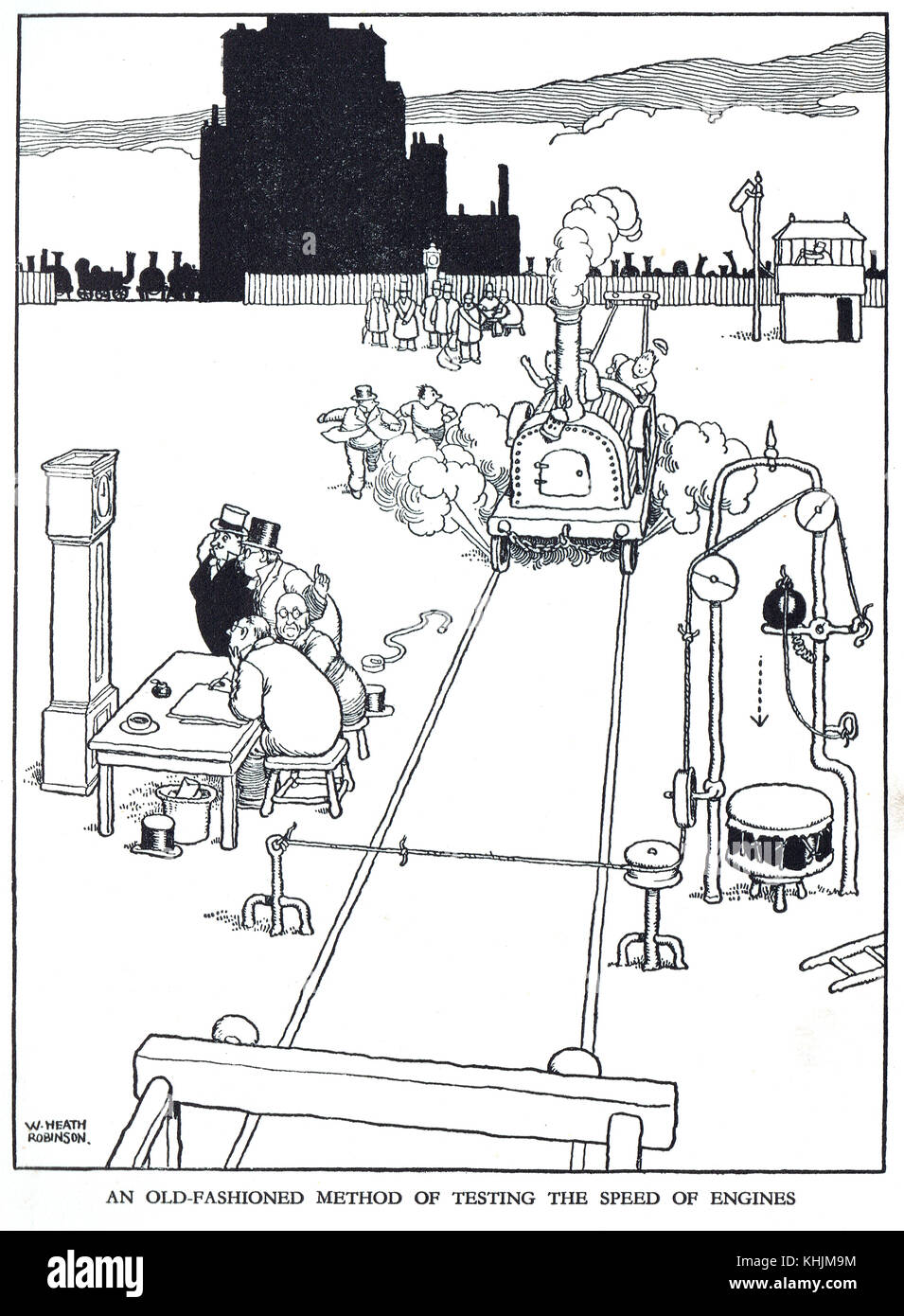 Altmodische Methode zum Testen der Geschwindigkeit von Motoren, Cartoon von William Heath Robinson Stockfoto