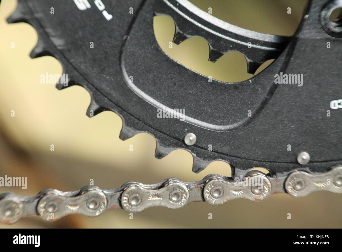 Nahaufnahme der Fahrradkette Kette und Ring. Stockfoto