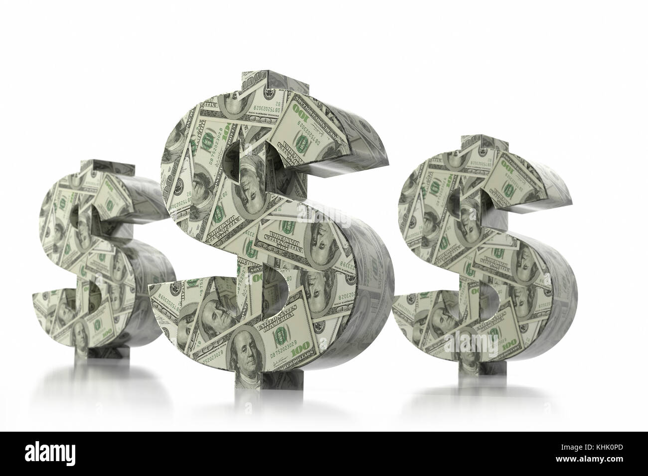 3D-Rendering von drei USD-Währungssymbolen, umwickelt mit 100 USD-Banknoten auf weißem Hintergrund Stockfoto