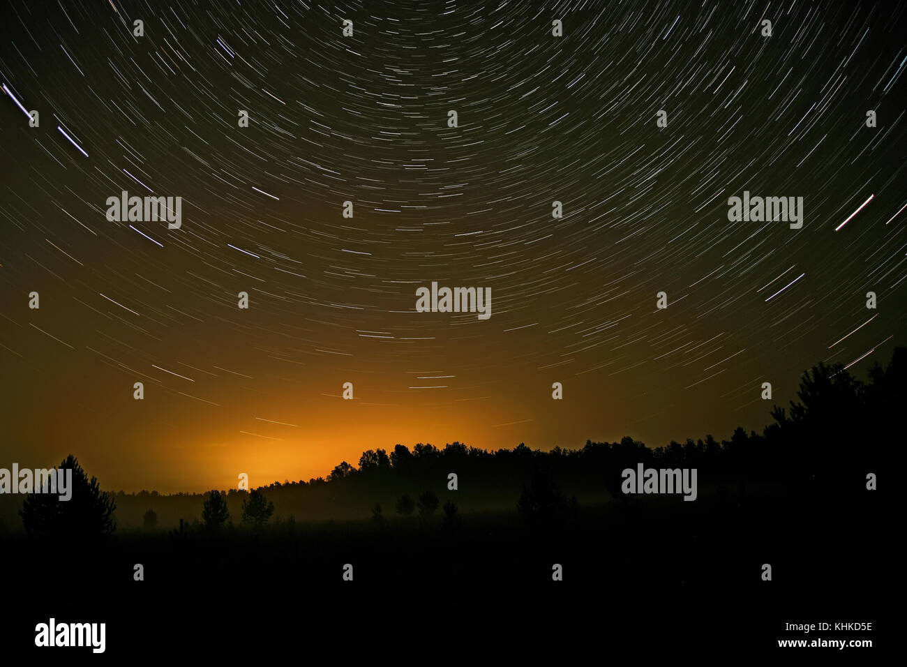Nacht Landschaft mit Spuren von den Sternen am Nachthimmel auf dem Hintergrund eines dunklen Wald, Felder und Nebel Stockfoto
