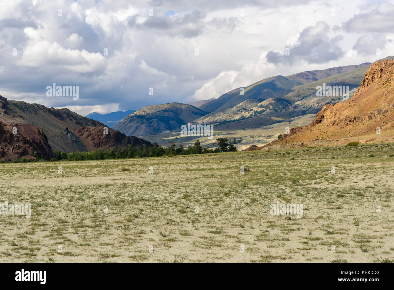 Die malerischen Steppe, Wüste, Landschaft mit Bergen und dem Trockenen mit seltenen Pflanzen auf einem Hintergrund von Himmel und Wolken Stockfoto