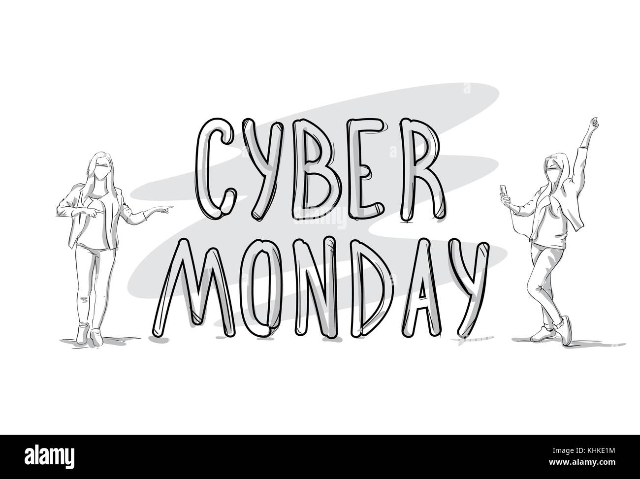 Cyber Monday verkauf Banner mit Skizze Personen silhouette Holiday Shopping Konzept Stock Vektor