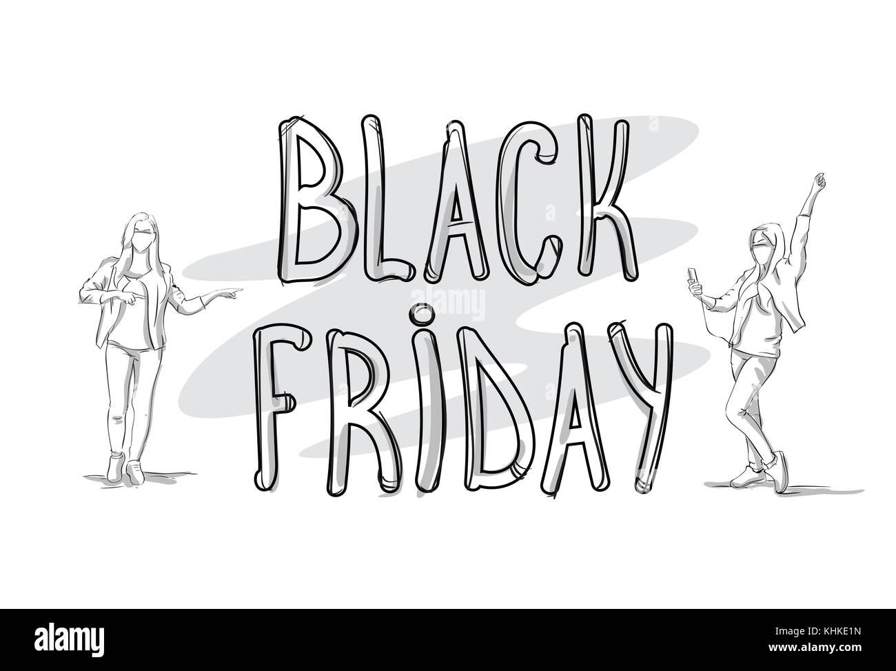 Schwarzer Freitag verkauf Banner mit Skizze Personen silhouette Holiday Shopping Konzept Stock Vektor