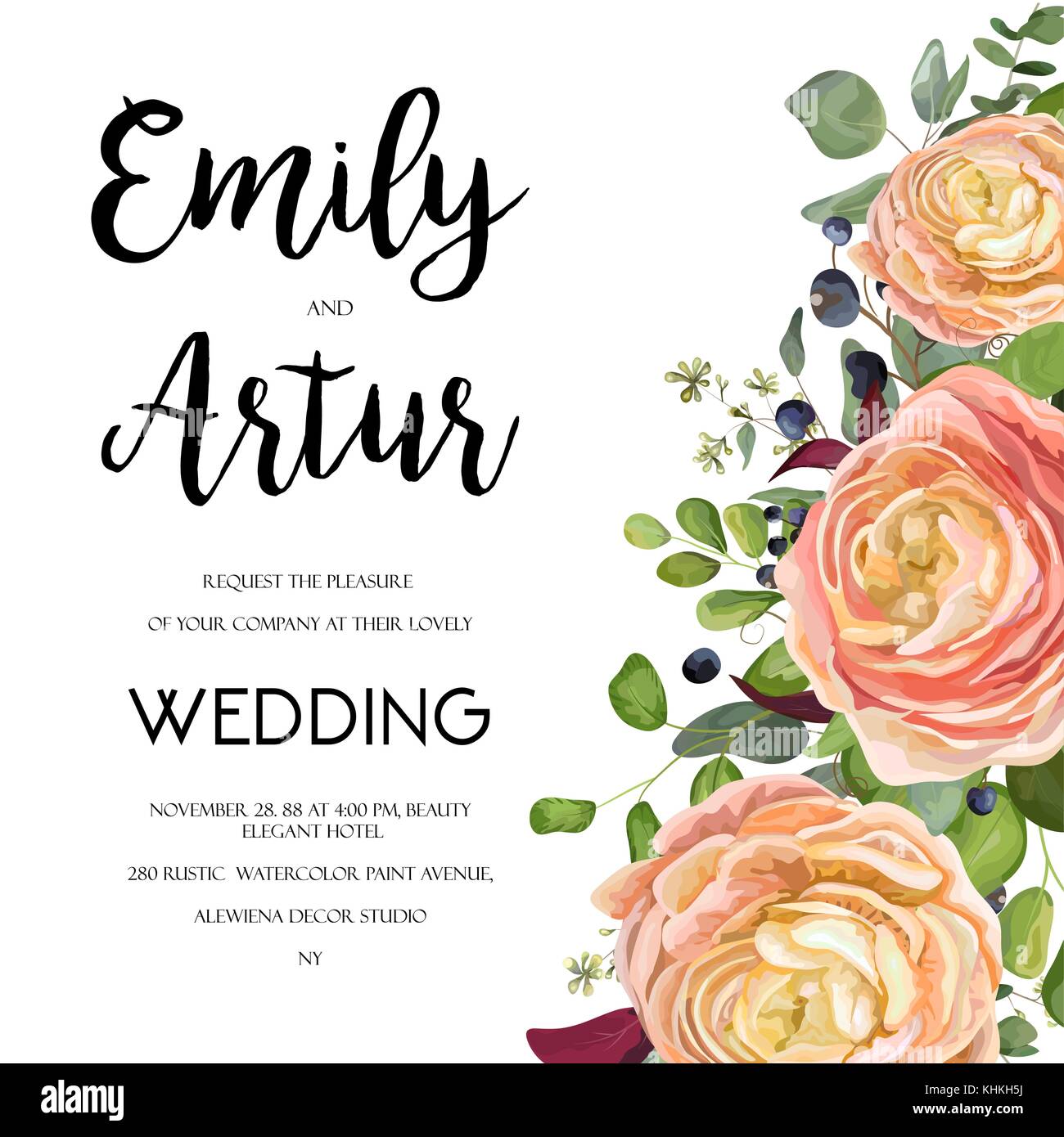 Hochzeit Einladung, Card Design mit Aquarell hand Laden gezeichnet Pink peach Rose ranunculus Blume liguster Blue Berry, Eukalyptus, Farn Blatt Bouquet, l Stock Vektor