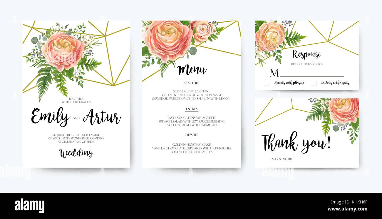 Hochzeit Einladung, floral einladen Card Design: pink Peach rose Ranunculus elegante Wachs Blumen, Blue Berry Eukalyptuswald Farn grün Blumenstrauß geom Stock Vektor