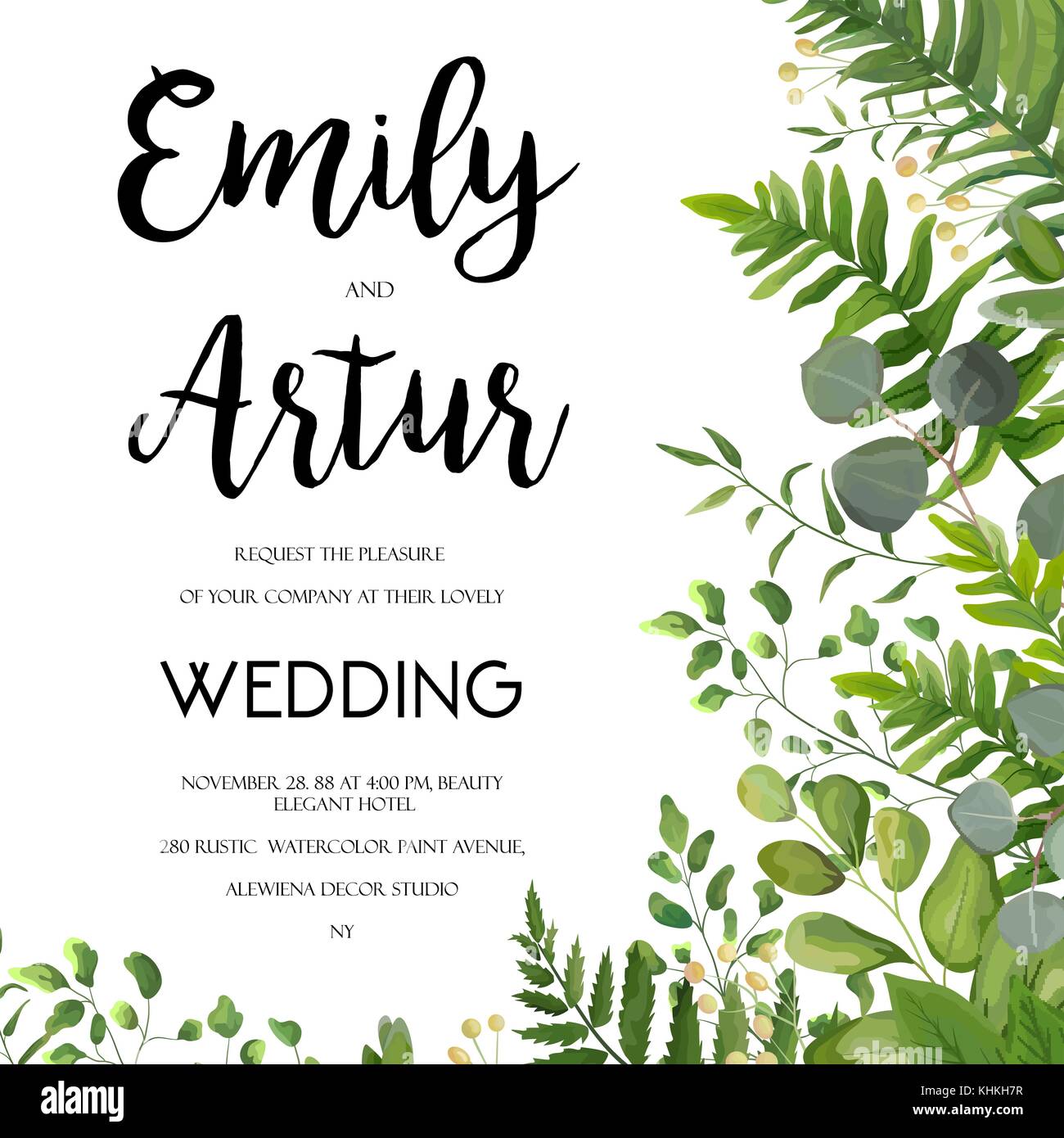 Hochzeit Einladung, floral-Design mit grünen Farnblätter eleganter Grünanlagen, Berry, Eukalyptus Wald blumenstrauß Ecke Rahmen, Rand drucken einladen. ve Stock Vektor