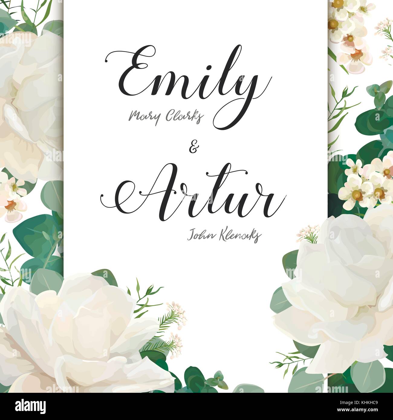 Blumen hochzeit einladung Datum speichern Karte elegante Karte vektor design einladen: Garden Flower white rose Pfingstrose weißes Wachs grün blau Eukalyptus Ausschreibung Stock Vektor