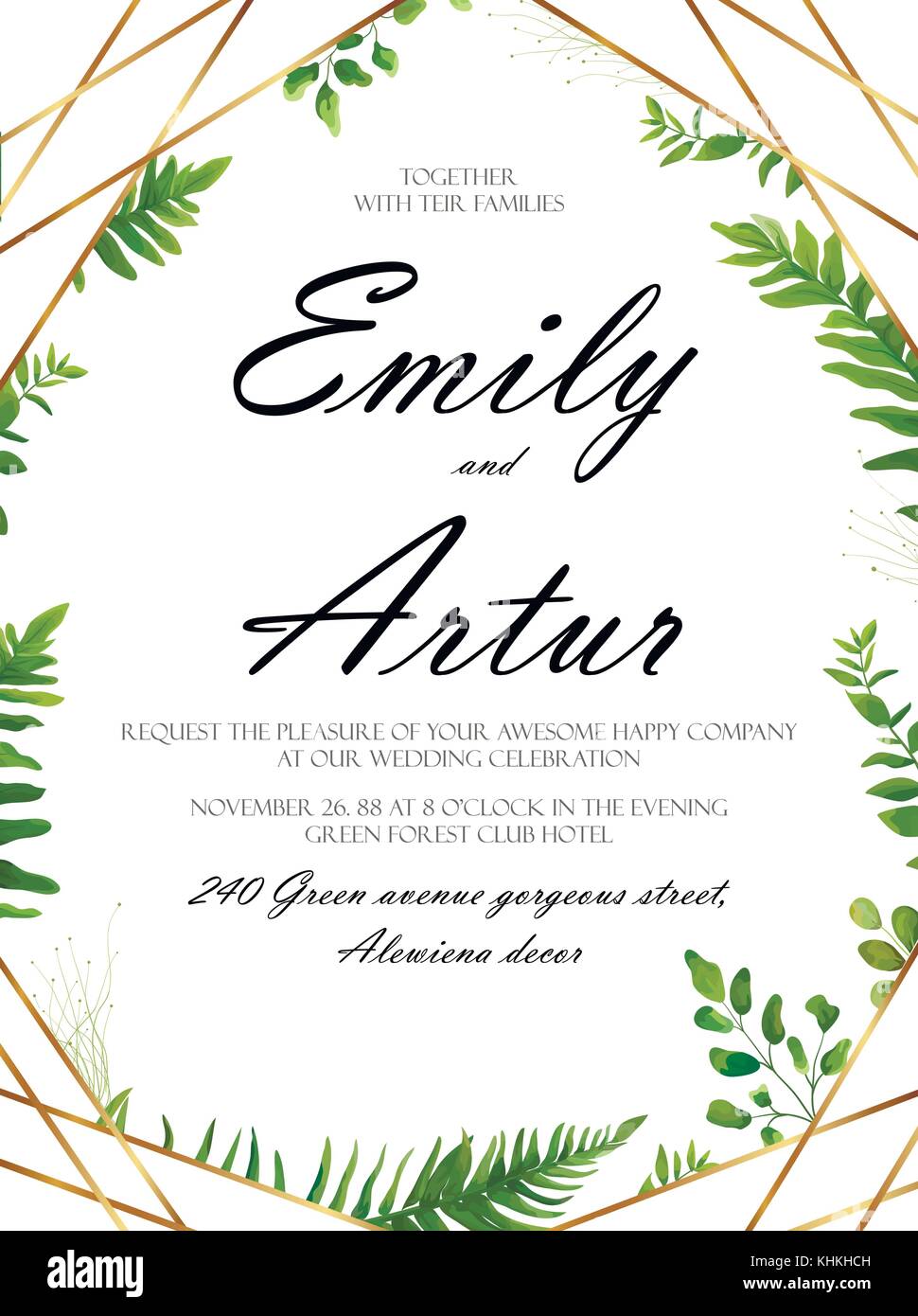 Vektor floral design Karte. grünen Farn Wald Blätter grasartige Pflanze grün Mix. natürlichen botanischen Gruß hochzeit einladung, Vorlage laden. Geometrische Stock Vektor